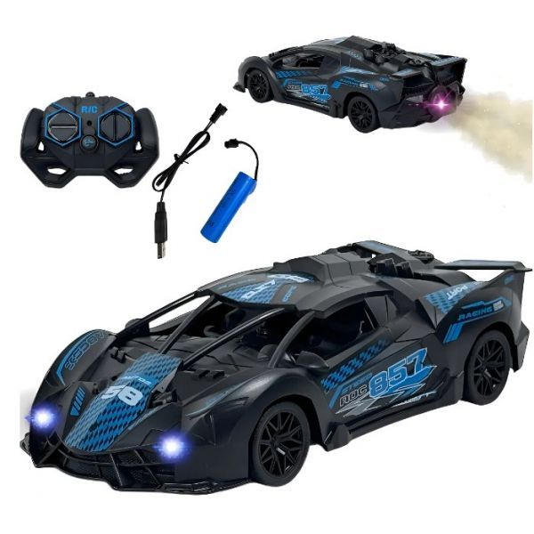 Carrinho Recarreg&aacute;vel De Controle Remoto Solta Fuma&ccedil;a Cor Preto E Azul